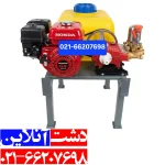 سمپاش فرغومنی 100 لیتری هوندا به همراه دو چرخ، که کار جابه جایی سمپاش را برطرف کرده است.